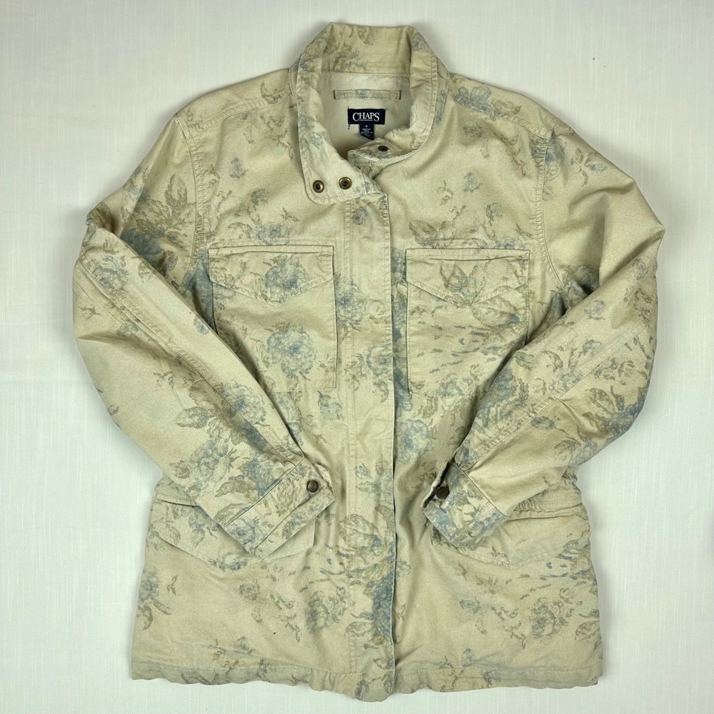 Chaps Denim Womens Medium Beige Blue Floral Utility Field Jacket Cotton
